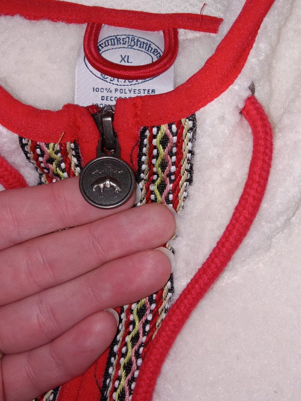 Brooks Brothers Teddy Sherpa Fleece Hoodie XL White Red Trim Pullover Jacket NEW - Picture 4 of 15